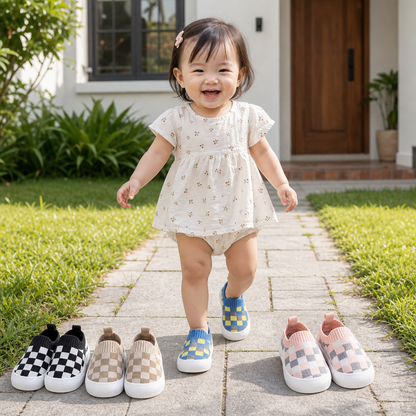 Checkered Lightweight Baby Walking Shoes with Soft, Non-Slip Soles
