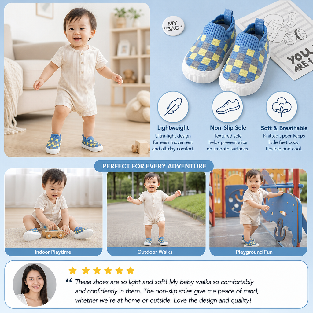 Checkered Lightweight Baby Walking Shoes with Soft, Non-Slip Soles