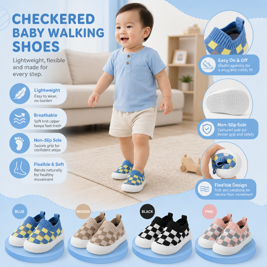 Checkered Lightweight Baby Walking Shoes with Soft, Non-Slip Soles