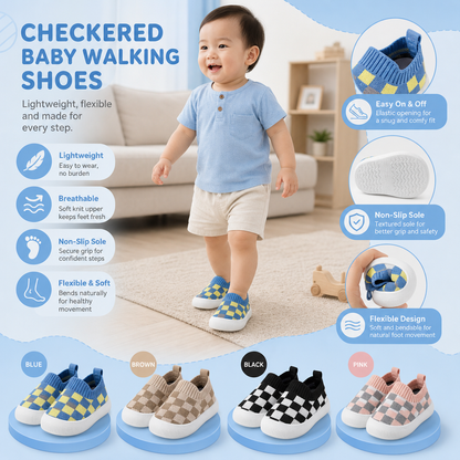 Checkered Lightweight Baby Walking Shoes with Soft, Non-Slip Soles