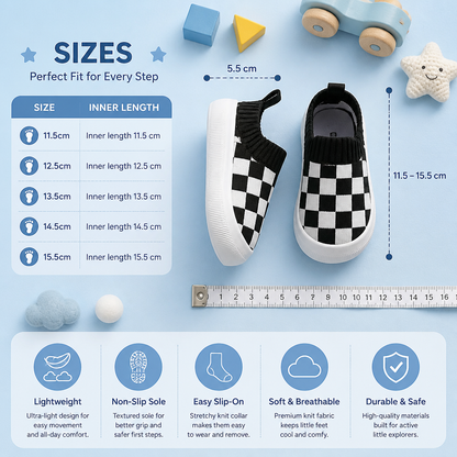 Checkered Lightweight Baby Walking Shoes with Soft, Non-Slip Soles