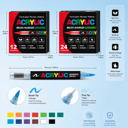 Dual-Tip Acrylic Paint Marker Set with Fine & Brush Tips