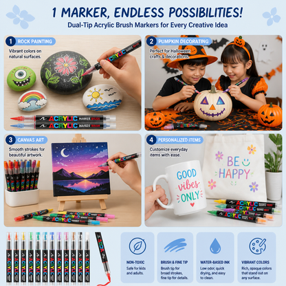 Dual-Tip Acrylic Paint Marker Set with Fine & Brush Tips