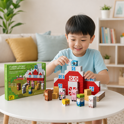Farm Story Magnetic Building Blocks Travel Playset with Animals & Barn