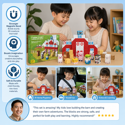 Farm Story Magnetic Building Blocks Travel Playset with Animals & Barn