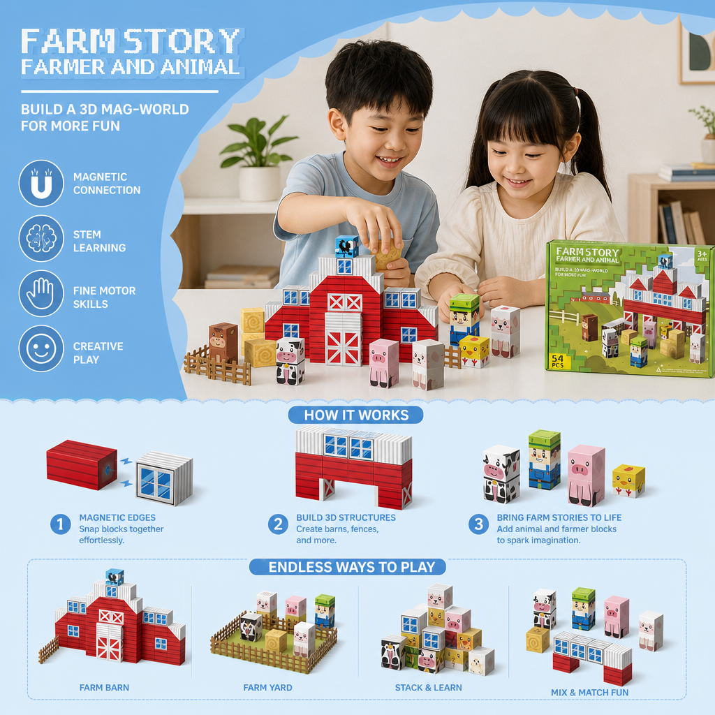 Farm Story Magnetic Building Blocks Travel Playset with Animals & Barn