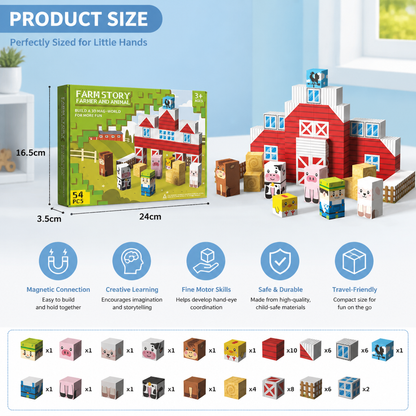 Farm Story Magnetic Building Blocks Travel Playset with Animals & Barn
