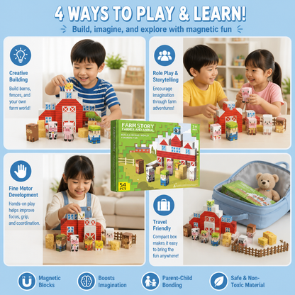 Farm Story Magnetic Building Blocks Travel Playset with Animals & Barn