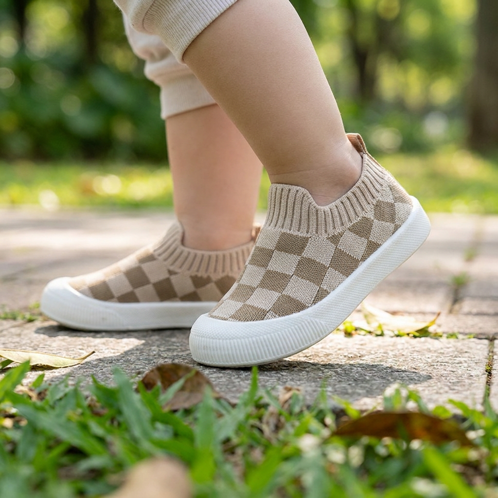 Checkered Lightweight Baby Walking Shoes with Soft, Non-Slip Soles