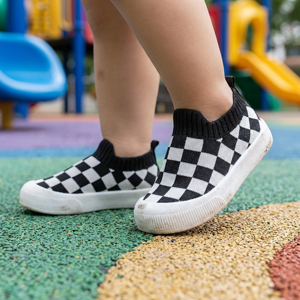 Checkered Lightweight Baby Walking Shoes with Soft, Non-Slip Soles