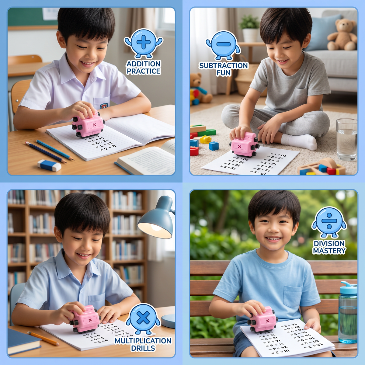 4-in-1 Math Roller Stamp – Addition, Subtraction, Multiplication & Division Practice