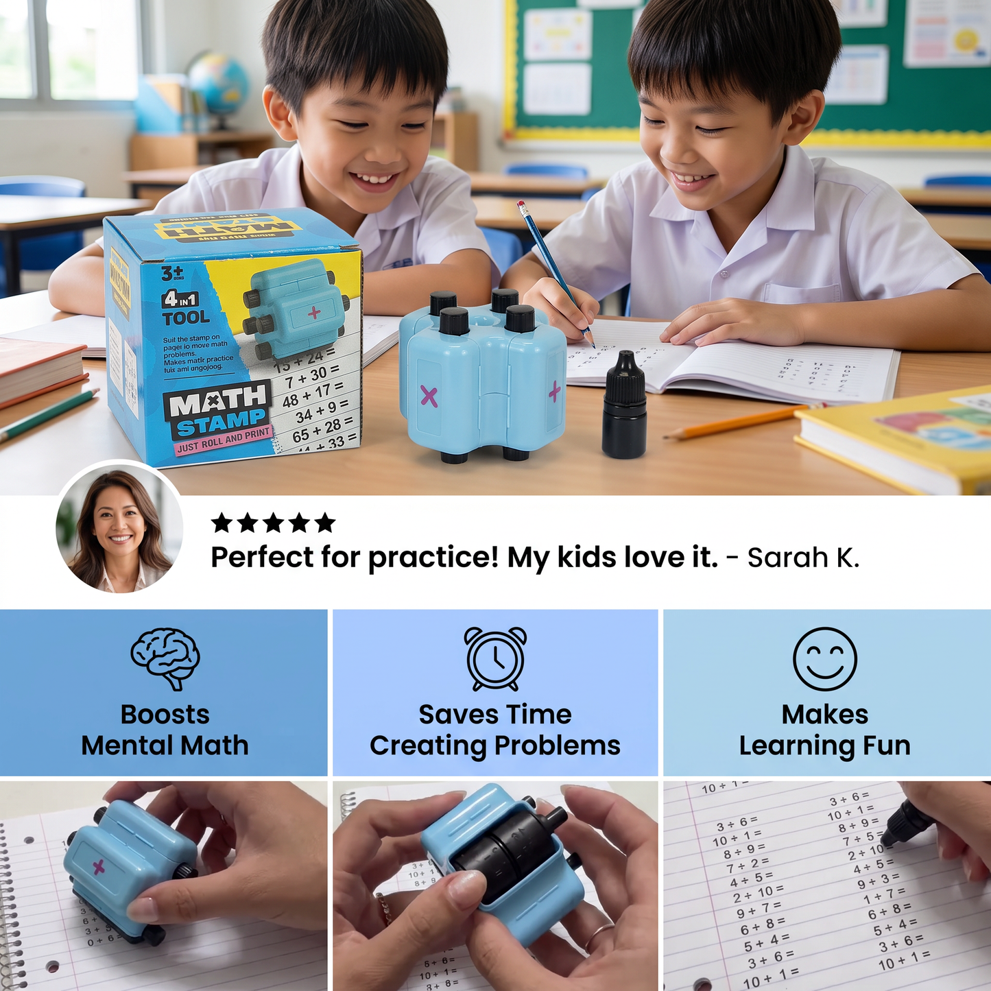 4-in-1 Math Roller Stamp – Addition, Subtraction, Multiplication & Division Practice
