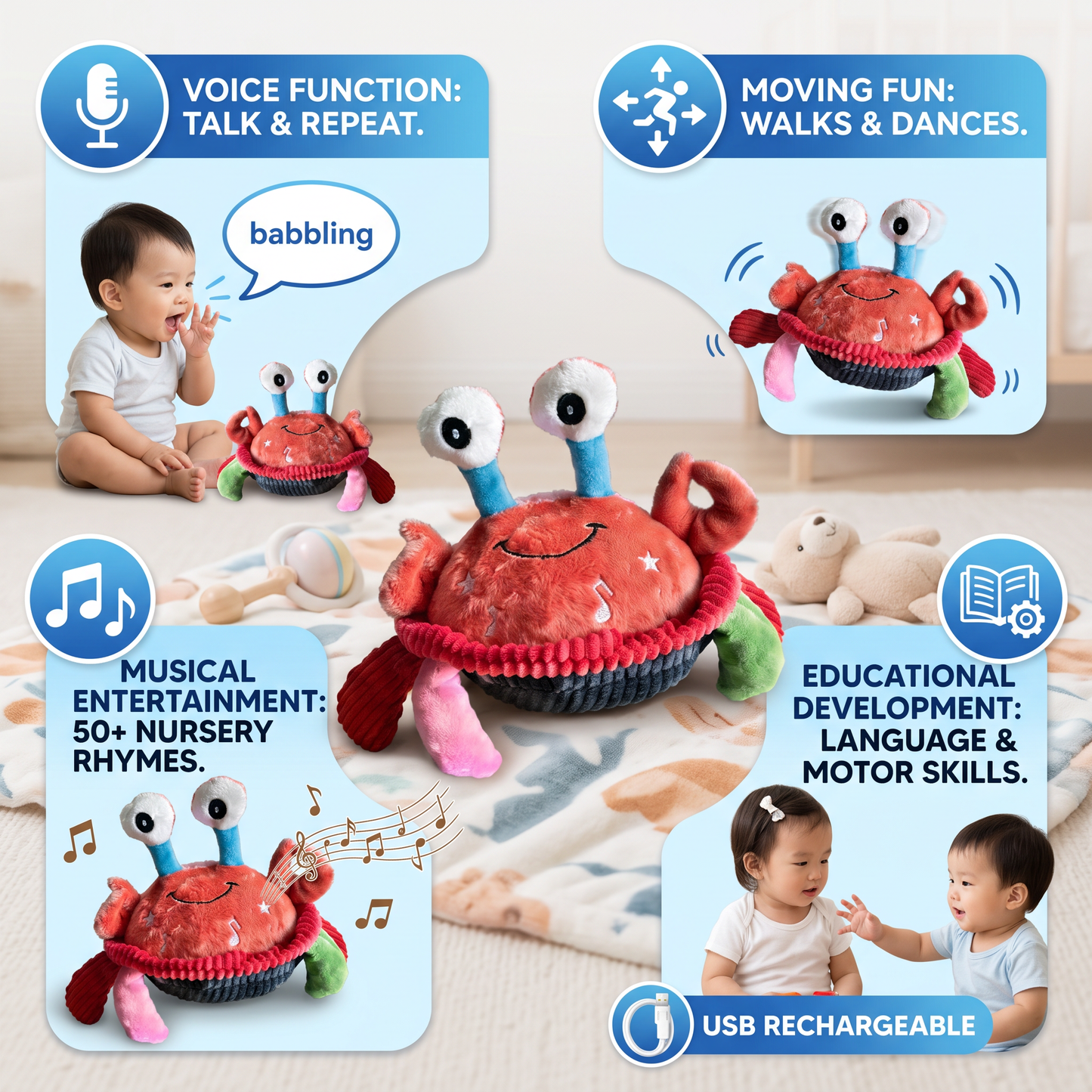 Interactive Musical Crab with Voice Function – Moving Educational Toy for Babies