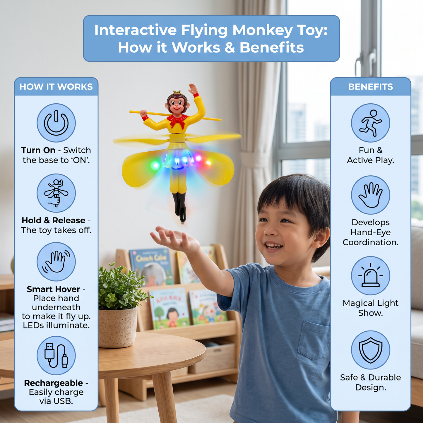 Interactive Flying Monkey Toy with Motion Sensor & LED Lights