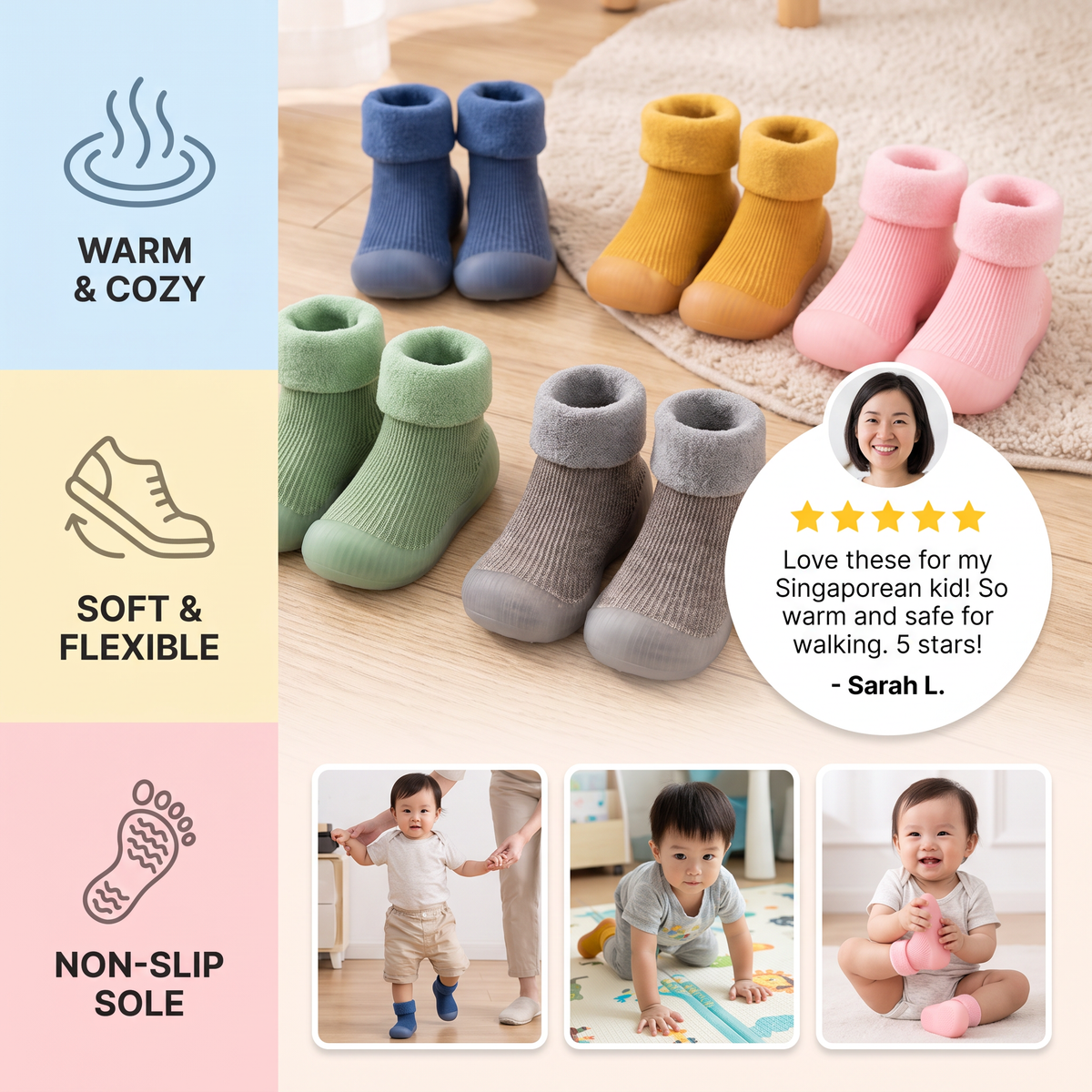 Warm Baby Walking Sock Shoes with Soft Non-Slip Soles