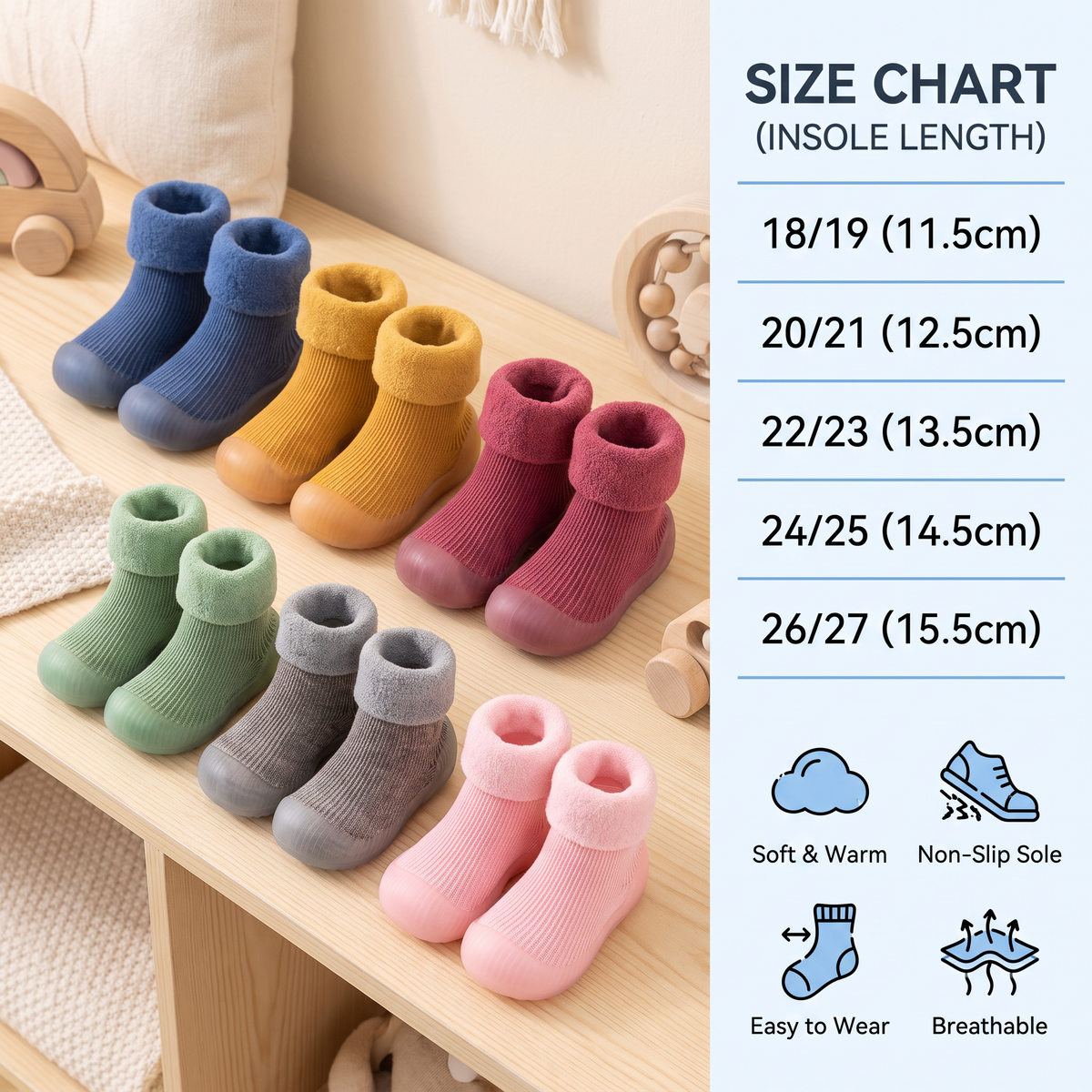 Warm Baby Walking Sock Shoes with Soft Non-Slip Soles