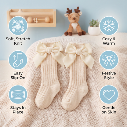 Baby Girls’ Christmas Knee-High Socks with Velvet Bows