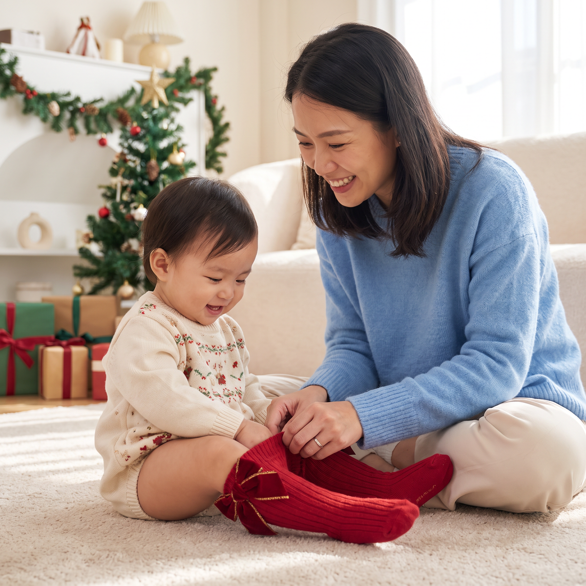Baby Girls’ Christmas Knee-High Socks with Velvet Bows