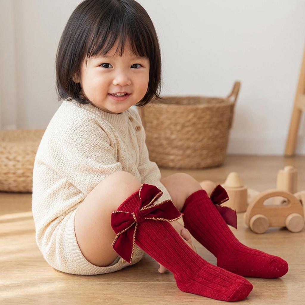 Baby Girls’ Christmas Knee-High Socks with Velvet Bows
