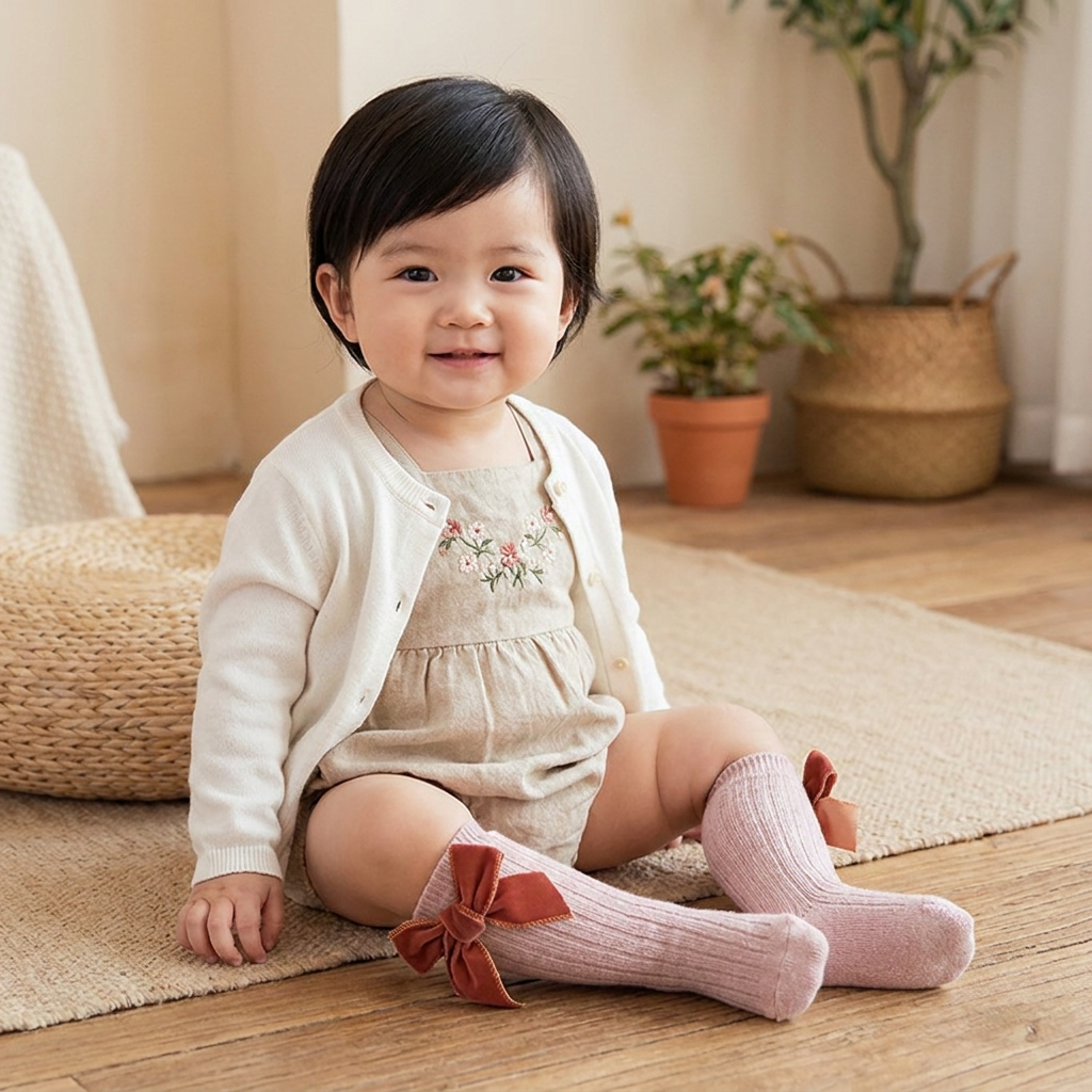 Baby Girls’ Christmas Knee-High Socks with Velvet Bows