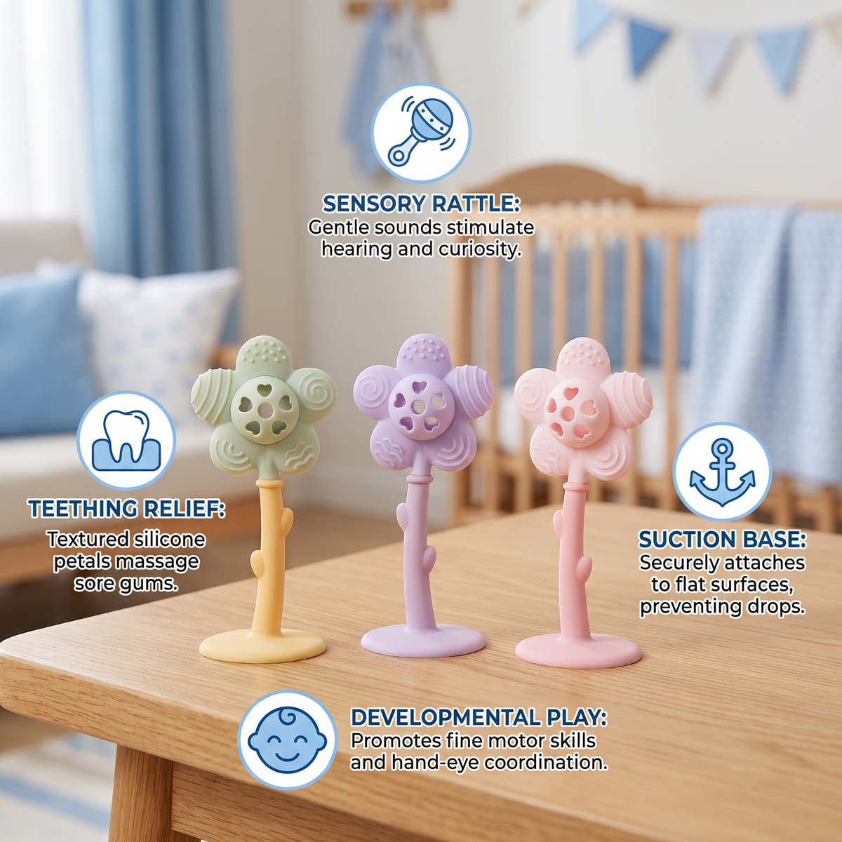 2-in-1 Sunflower Baby Teether & Rattle with Suction Base