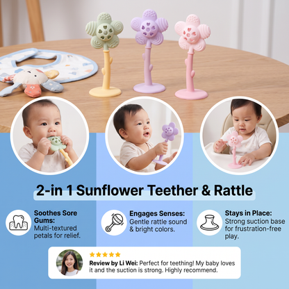 2-in-1 Sunflower Baby Teether & Rattle with Suction Base