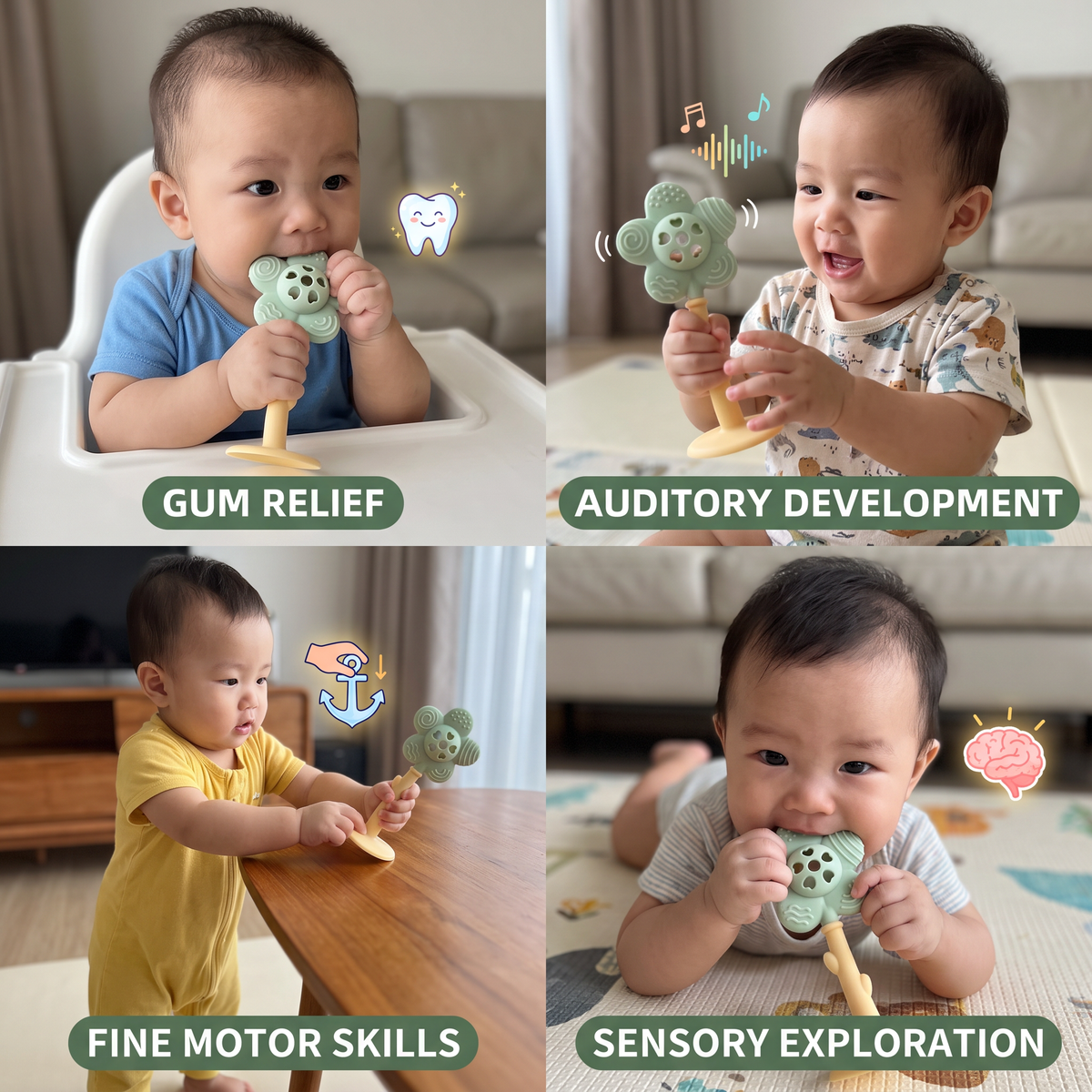 2-in-1 Sunflower Baby Teether & Rattle with Suction Base