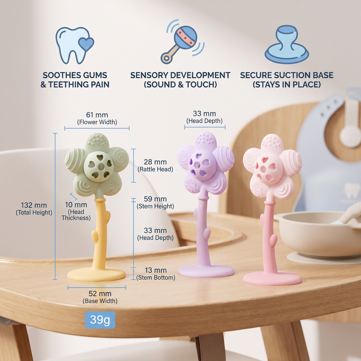 2-in-1 Sunflower Baby Teether & Rattle with Suction Base