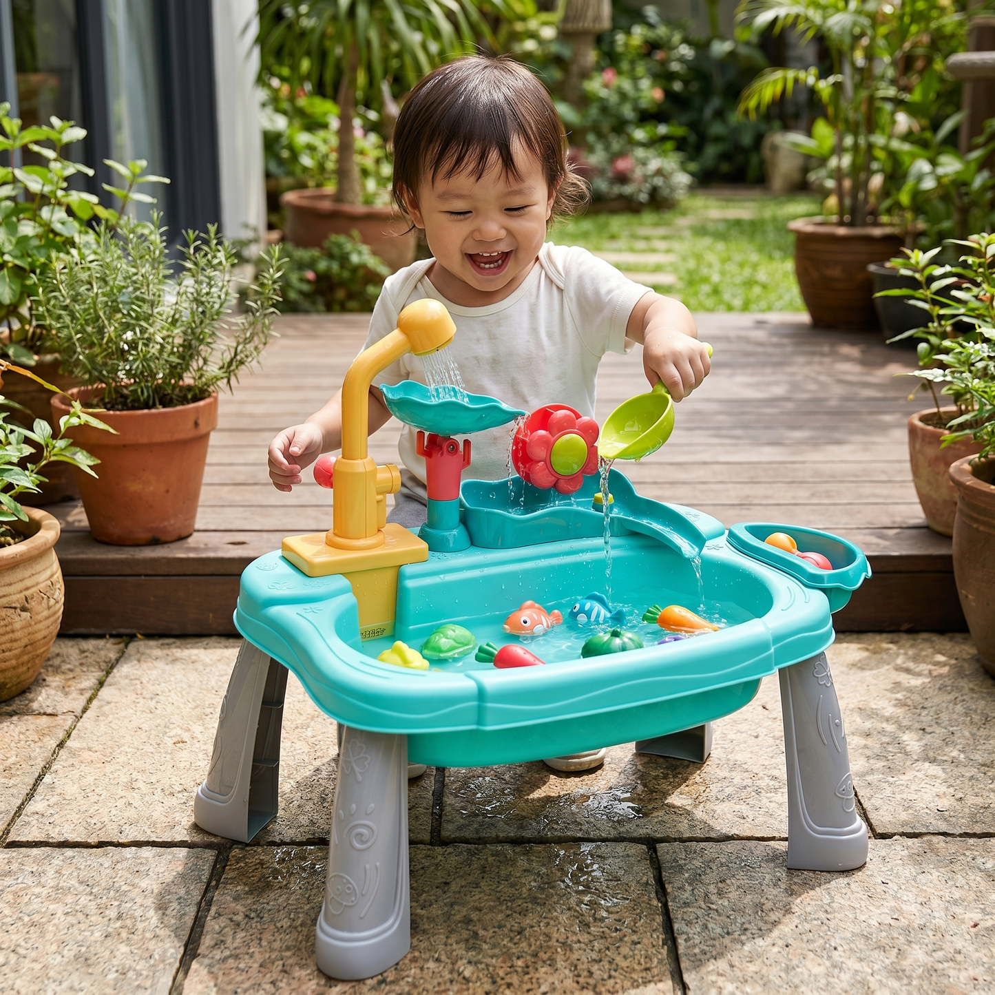 Ergonomic Elevated Kids Kitchen Sink Playset with Electric Running Water