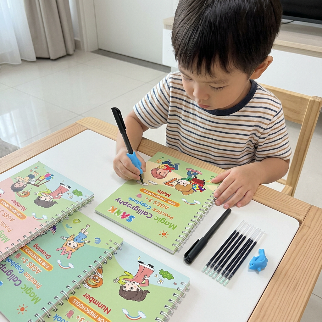 Magic Reusable Grooved Handwriting Practice Books with Disappearing Ink Pens