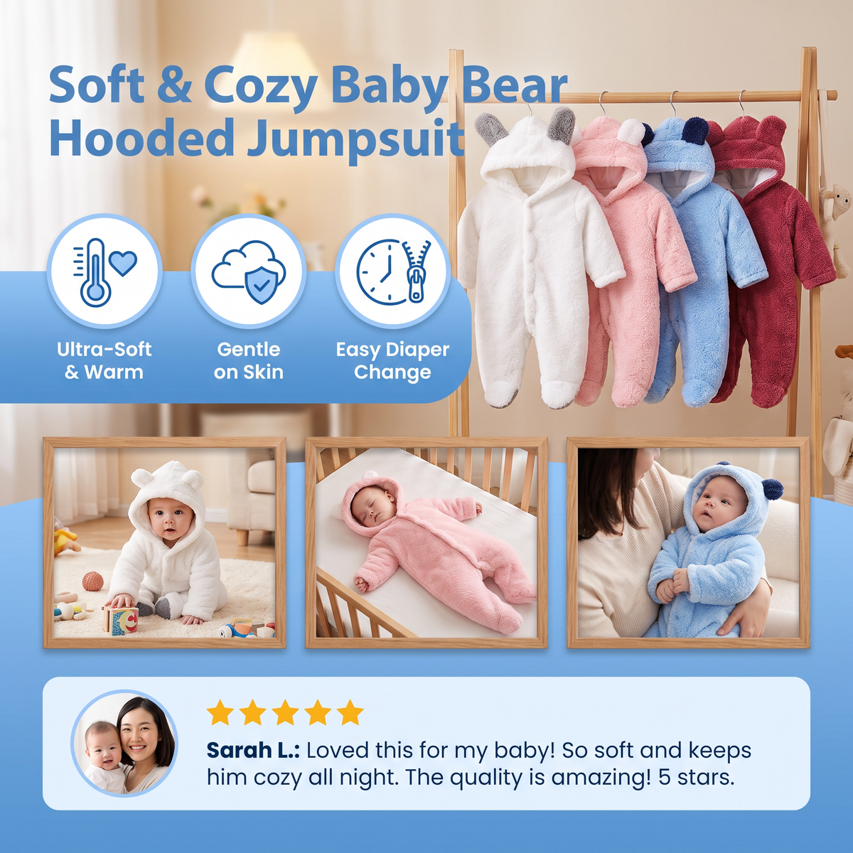 Soft & Cozy Baby Bear Hooded Jumpsuit