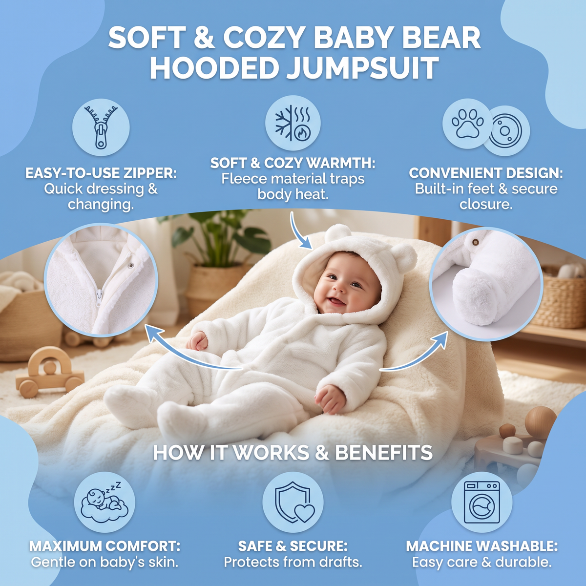 Soft & Cozy Baby Bear Hooded Jumpsuit
