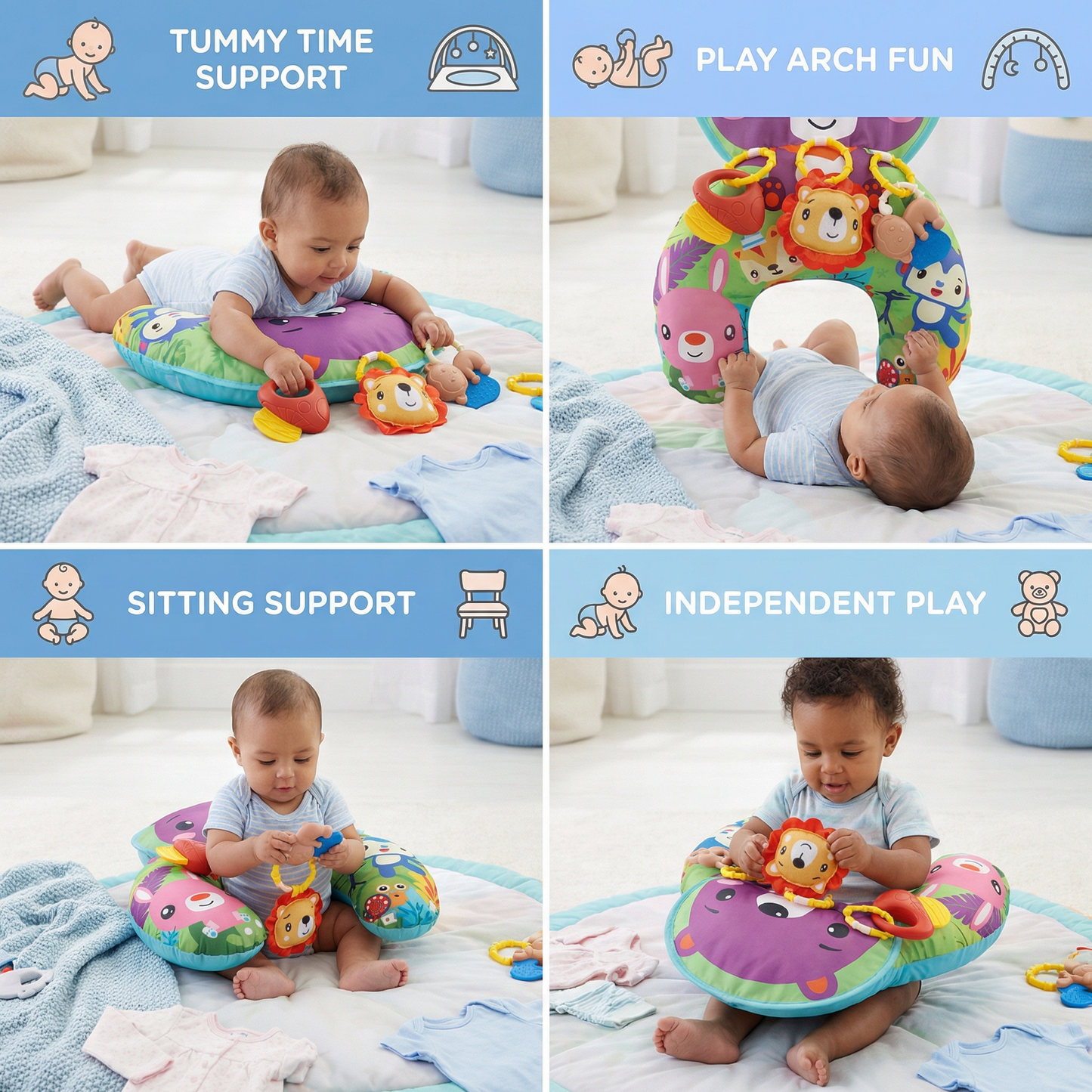 Baby Training Pillow for Tummy Time with Play Arch – Supports Sensory Development & Early Growth