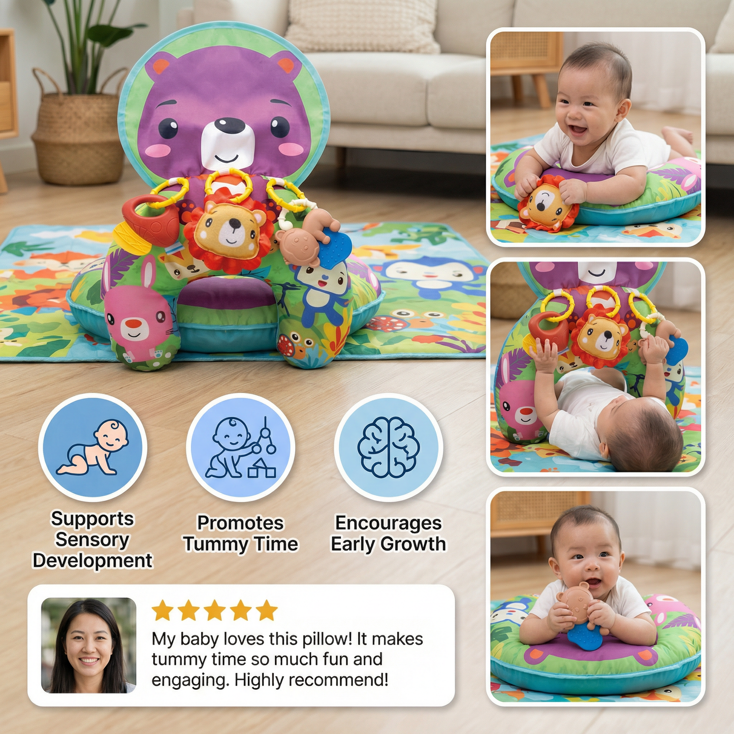 Baby Training Pillow for Tummy Time with Play Arch – Supports Sensory Development & Early Growth