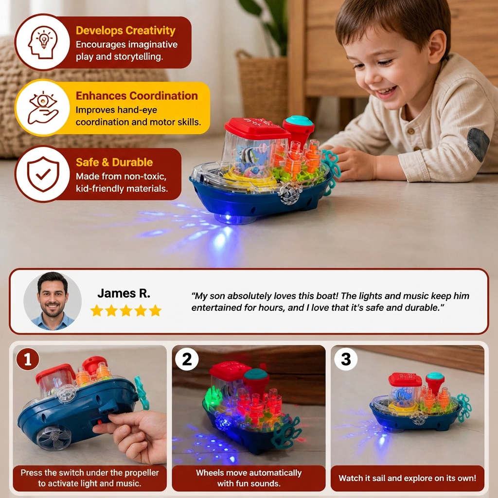 Light-Up Gear Boat – Musical Electric Toy Boat for Kids