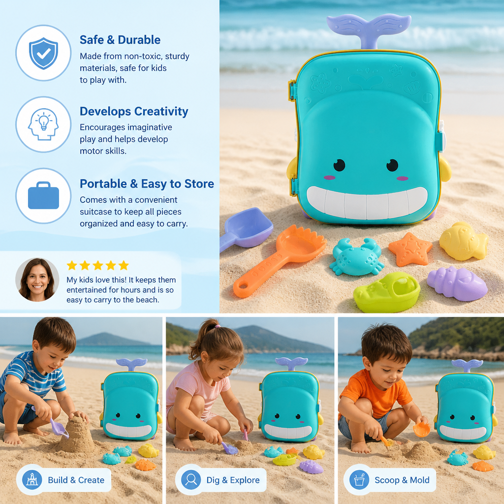 Kids Beach Toy Suitcase with Sand Tools and Hourglass