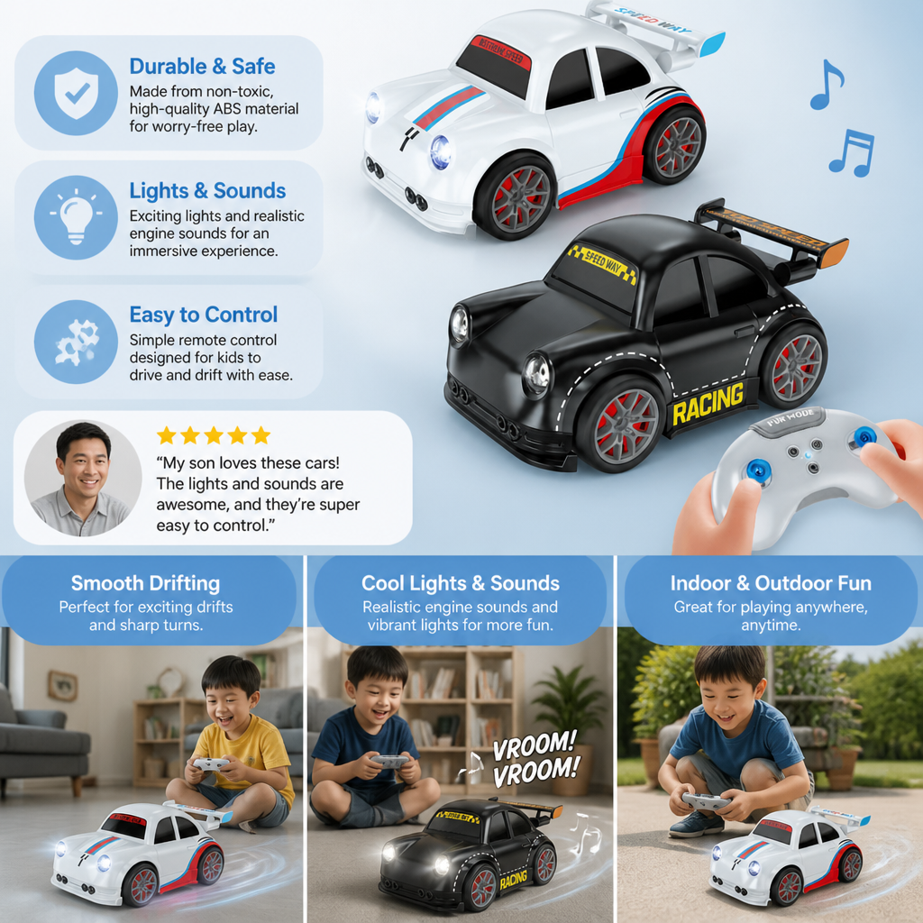 RC Racing Drift Car for Kids - Remote Control with Sensor Lights & Sound