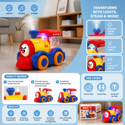 Transforming Train Toy with Steam, Lights & Music