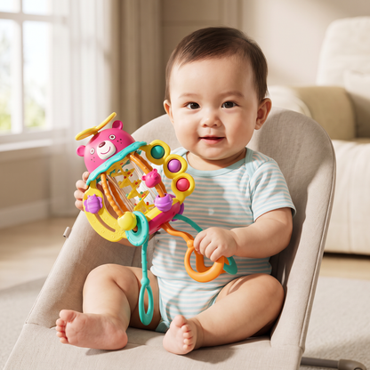 3-in-1 Multisensory Teething Toy with Pull Strings, Rattle & Rain Sounds for Babies