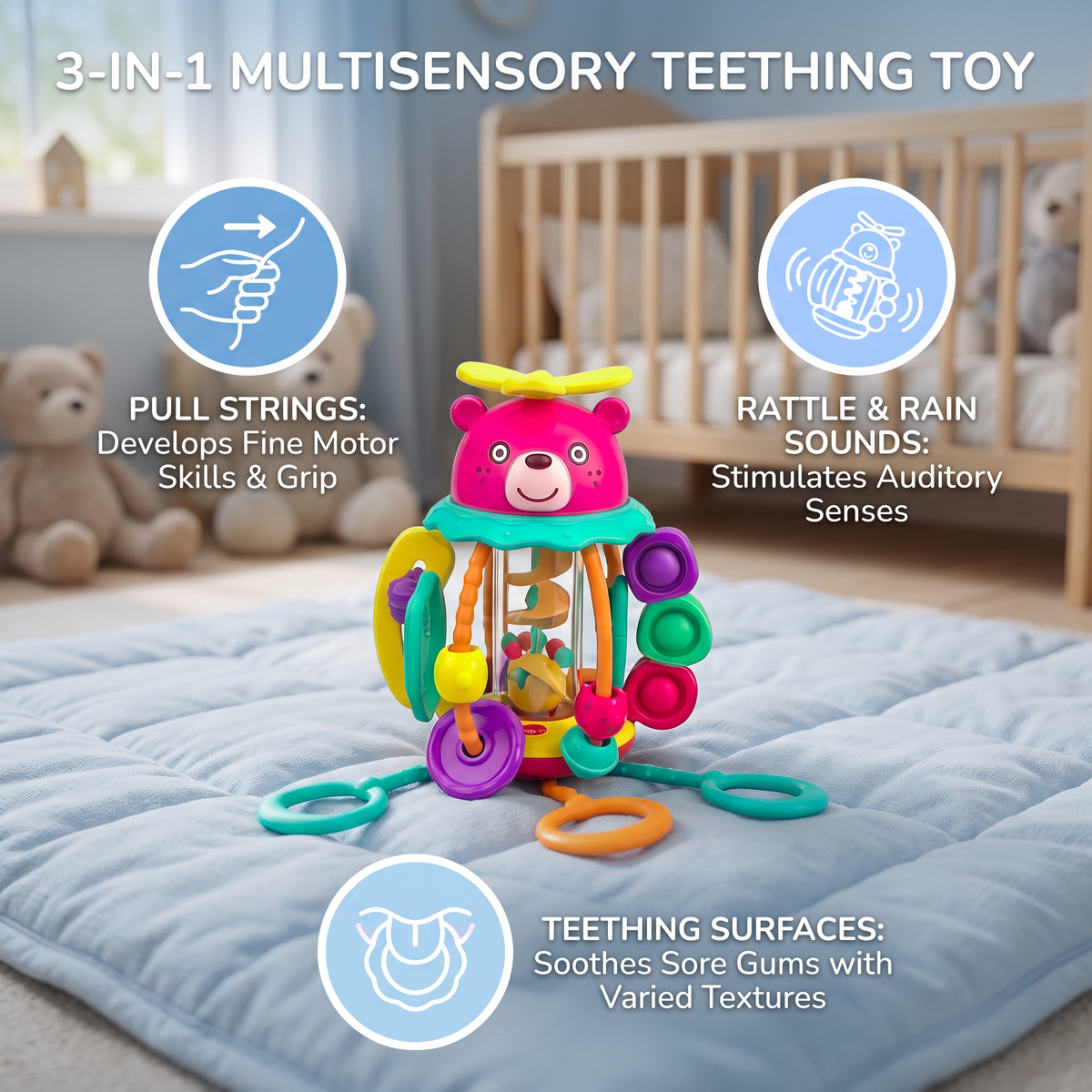 3-in-1 Multisensory Teething Toy with Pull Strings, Rattle & Rain Sounds for Babies