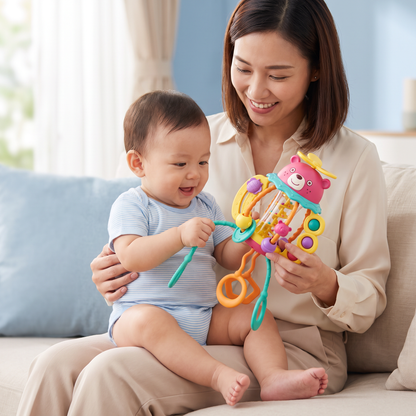 3-in-1 Multisensory Teething Toy with Pull Strings, Rattle & Rain Sounds for Babies