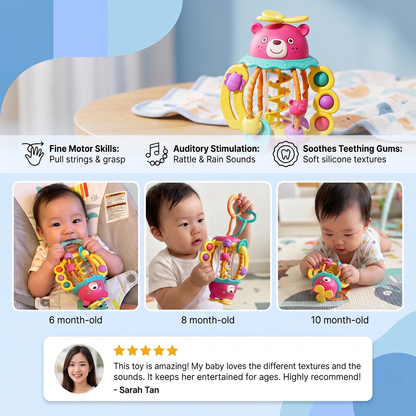 3-in-1 Multisensory Teething Toy with Pull Strings, Rattle & Rain Sounds for Babies