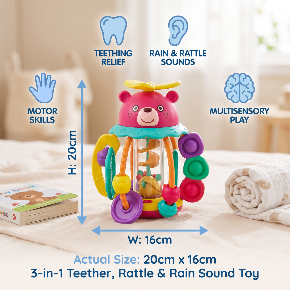 3-in-1 Multisensory Teething Toy with Pull Strings, Rattle & Rain Sounds for Babies