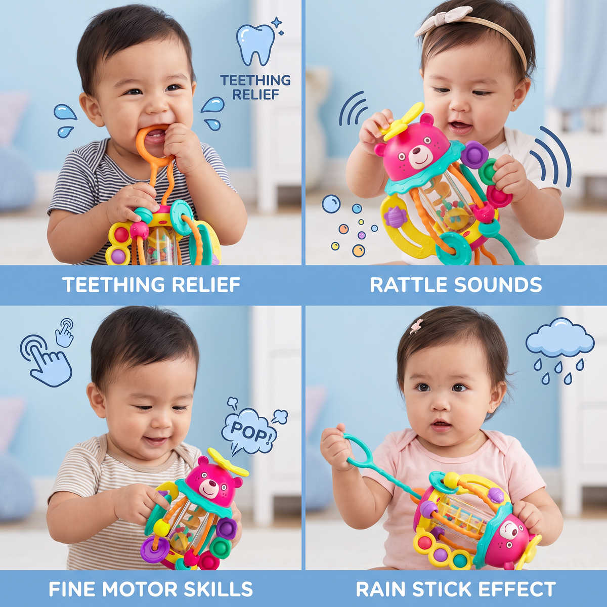 3-in-1 Multisensory Teething Toy with Pull Strings, Rattle & Rain Sounds for Babies