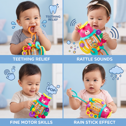 3-in-1 Multisensory Teething Toy with Pull Strings, Rattle & Rain Sounds for Babies