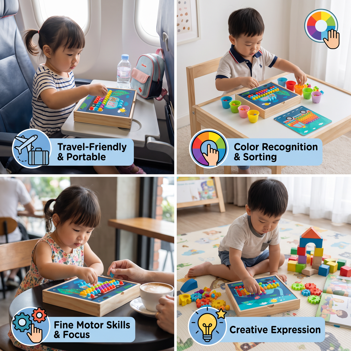 4-in-1 Montessori Wooden Sensory Travel Board with Gears & Colorful Pegs