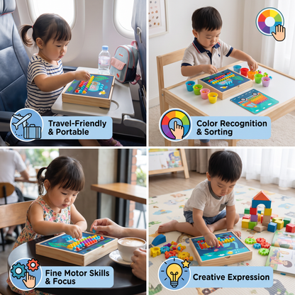 4-in-1 Montessori Wooden Sensory Travel Board with Gears & Colorful Pegs
