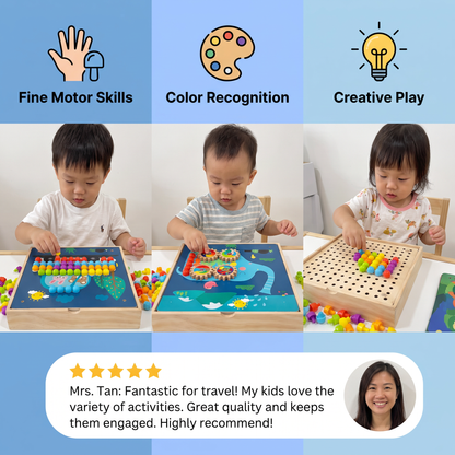4-in-1 Montessori Wooden Sensory Travel Board with Gears & Colorful Pegs