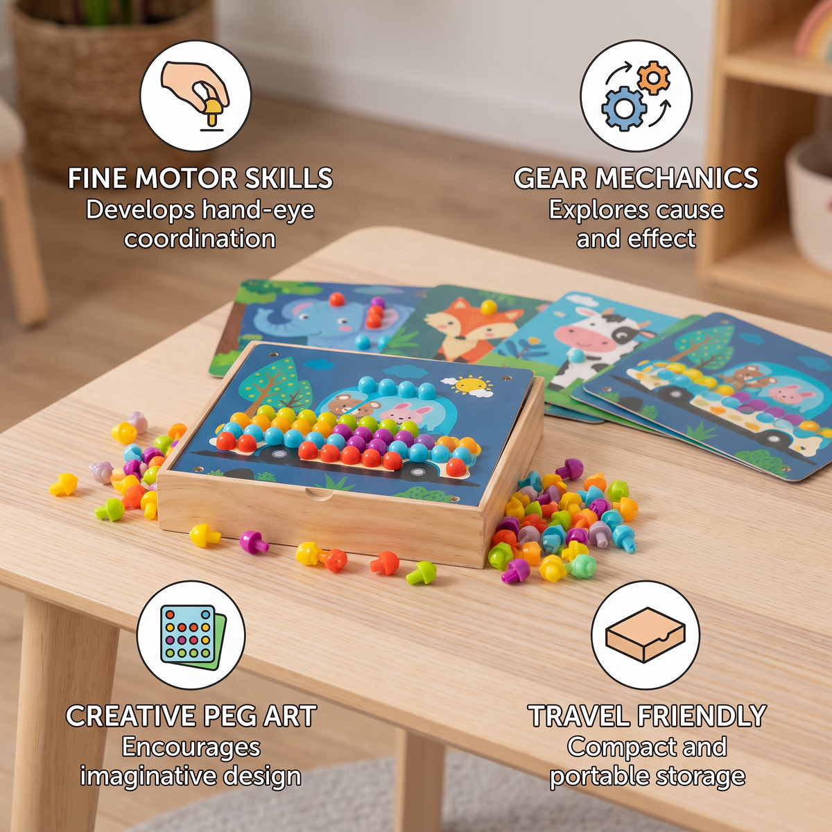 4-in-1 Montessori Wooden Sensory Travel Board with Gears & Colorful Pegs