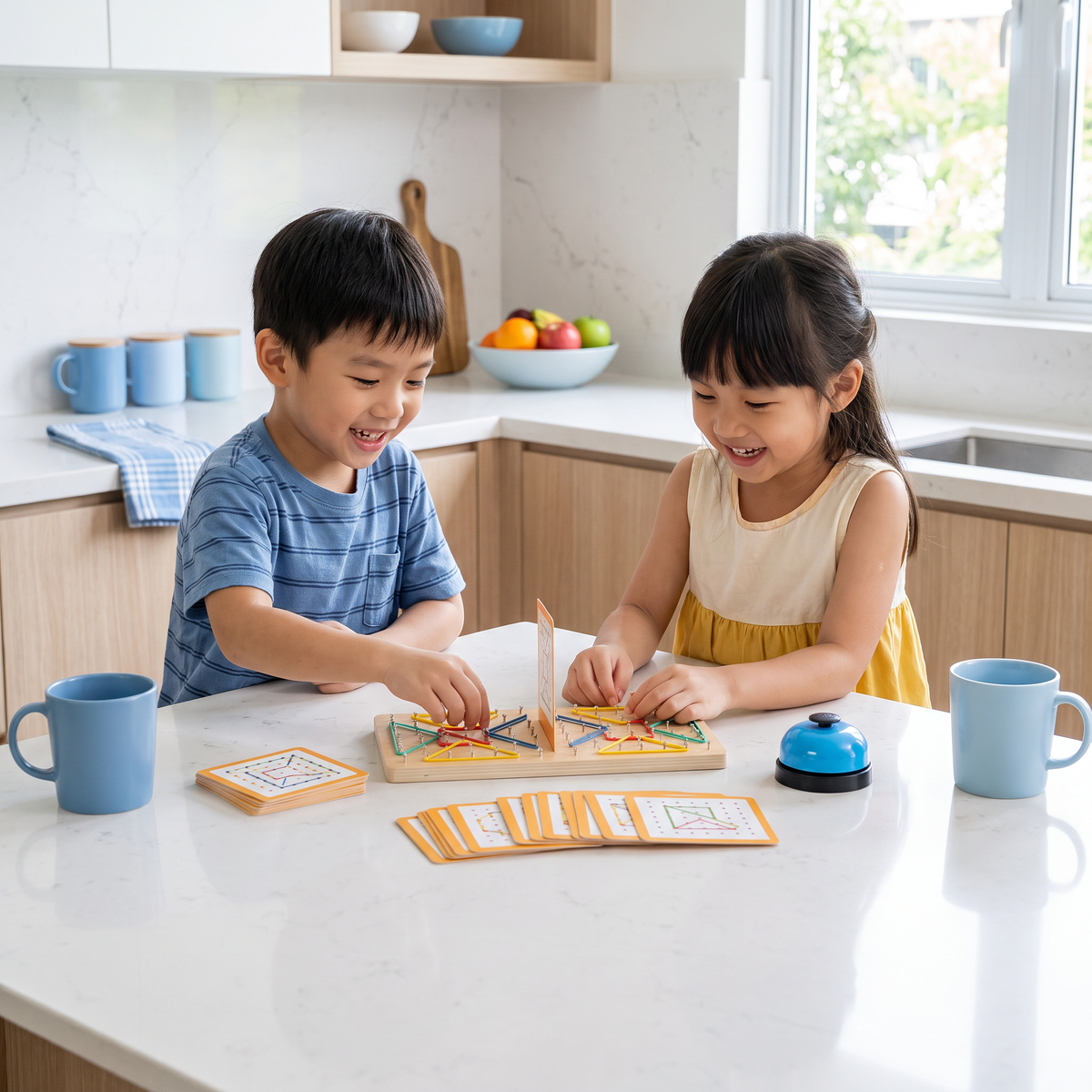 Montessori Wooden Geometry Battle Game with Colorful Rubber Bands